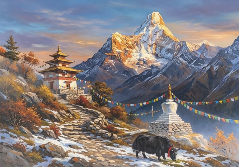 Nepalese landscape with rhinestone scaled