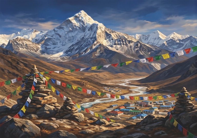 Nepalese landscape with rhinestone scaled