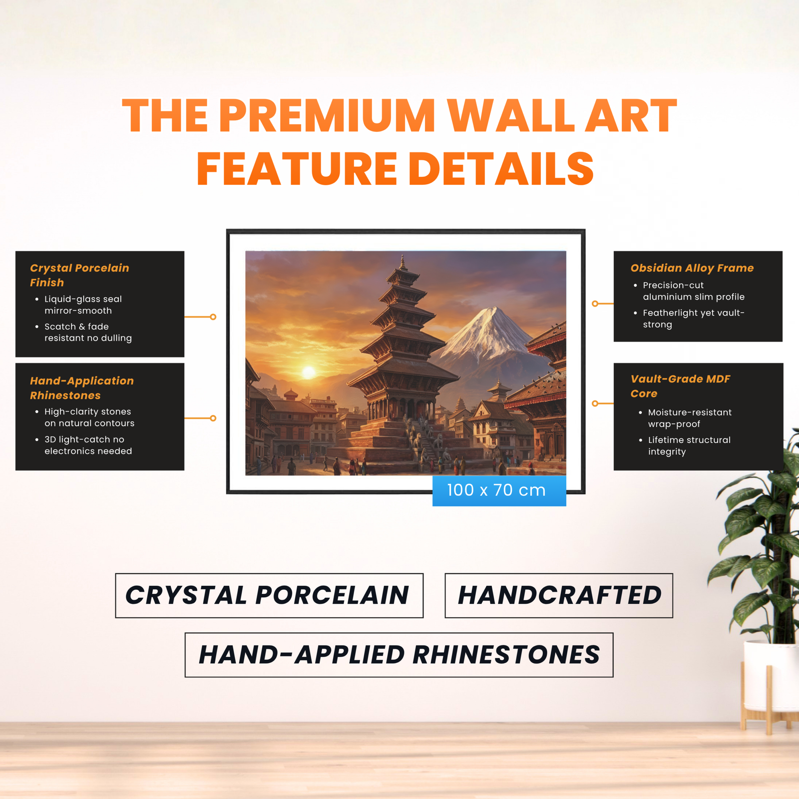Premium wall art feature details — crystal porcelain and frame